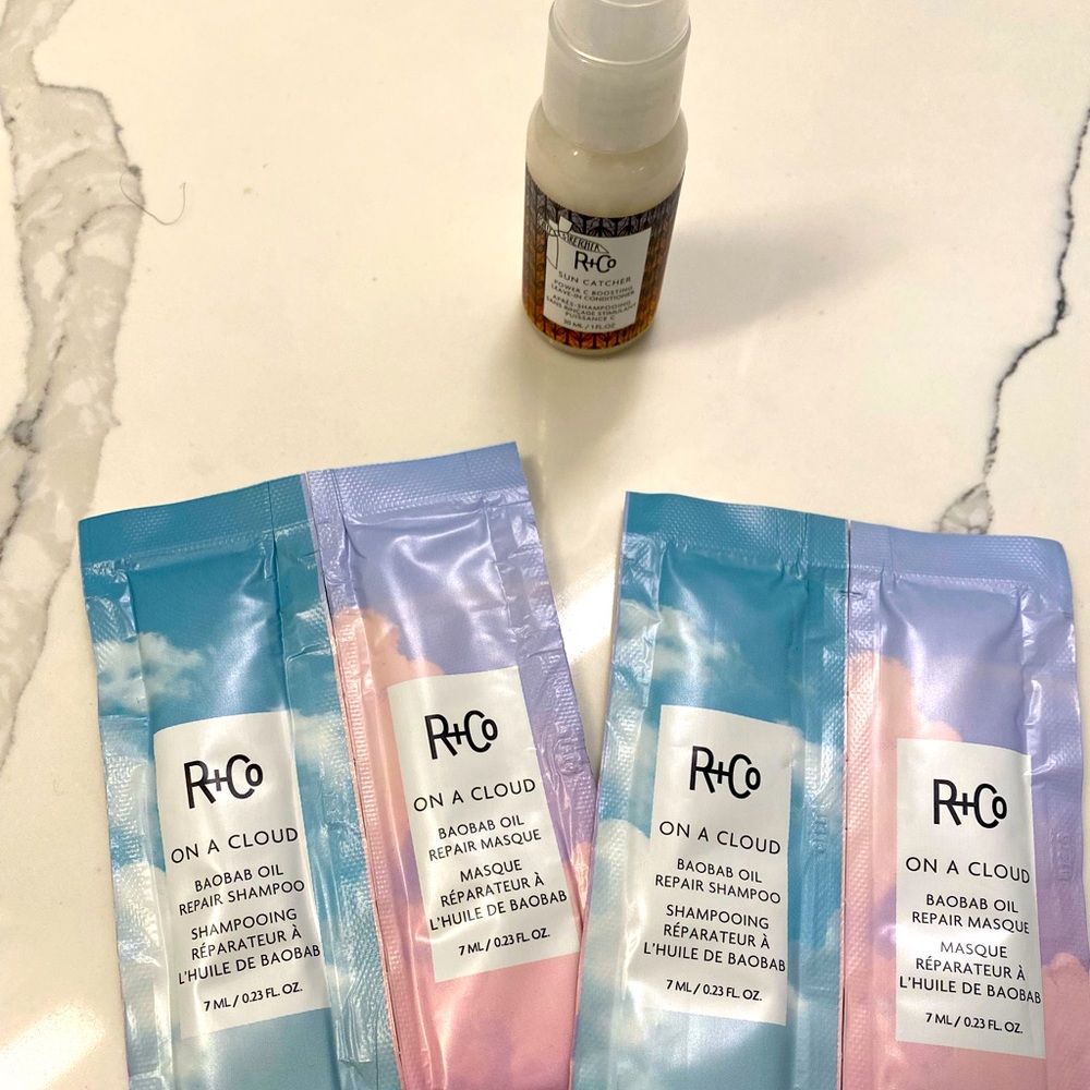 Brand New R&Co Hair care- sun catcher leave in conditioner and 4 travel packets!